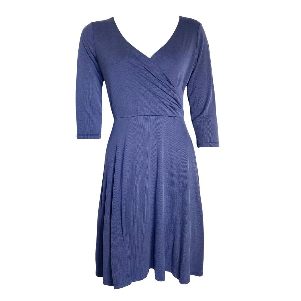 GILLI Blue Micro Striped Surplice‎ 3/4 Sleeve Dress Womens Size M Medium